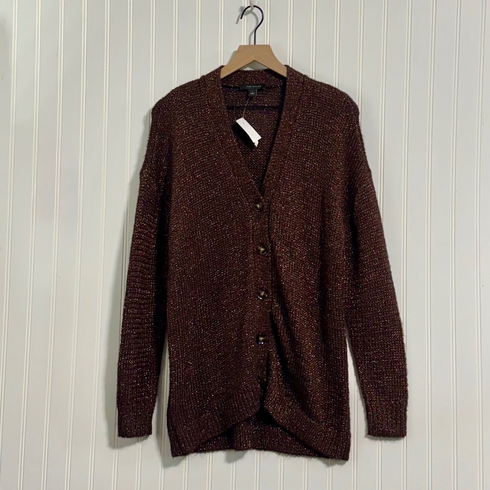 Ann Taylor Cardigan Sweater S NWT Bronze Metallic Office Siren Shimmer Knit Boho